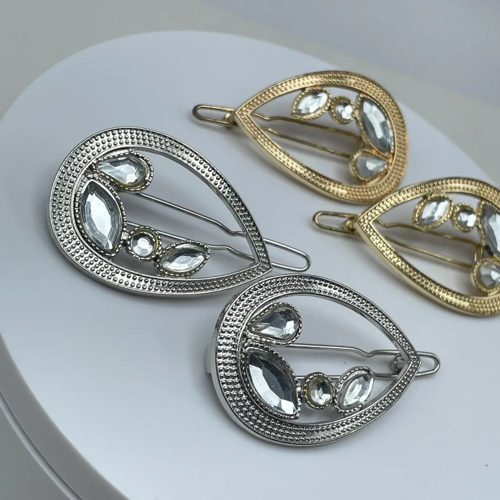 Vintage 80s Teardrop Hair Clips Set Gold & Silver Tone Rhinestone Bobby Pins Y2K